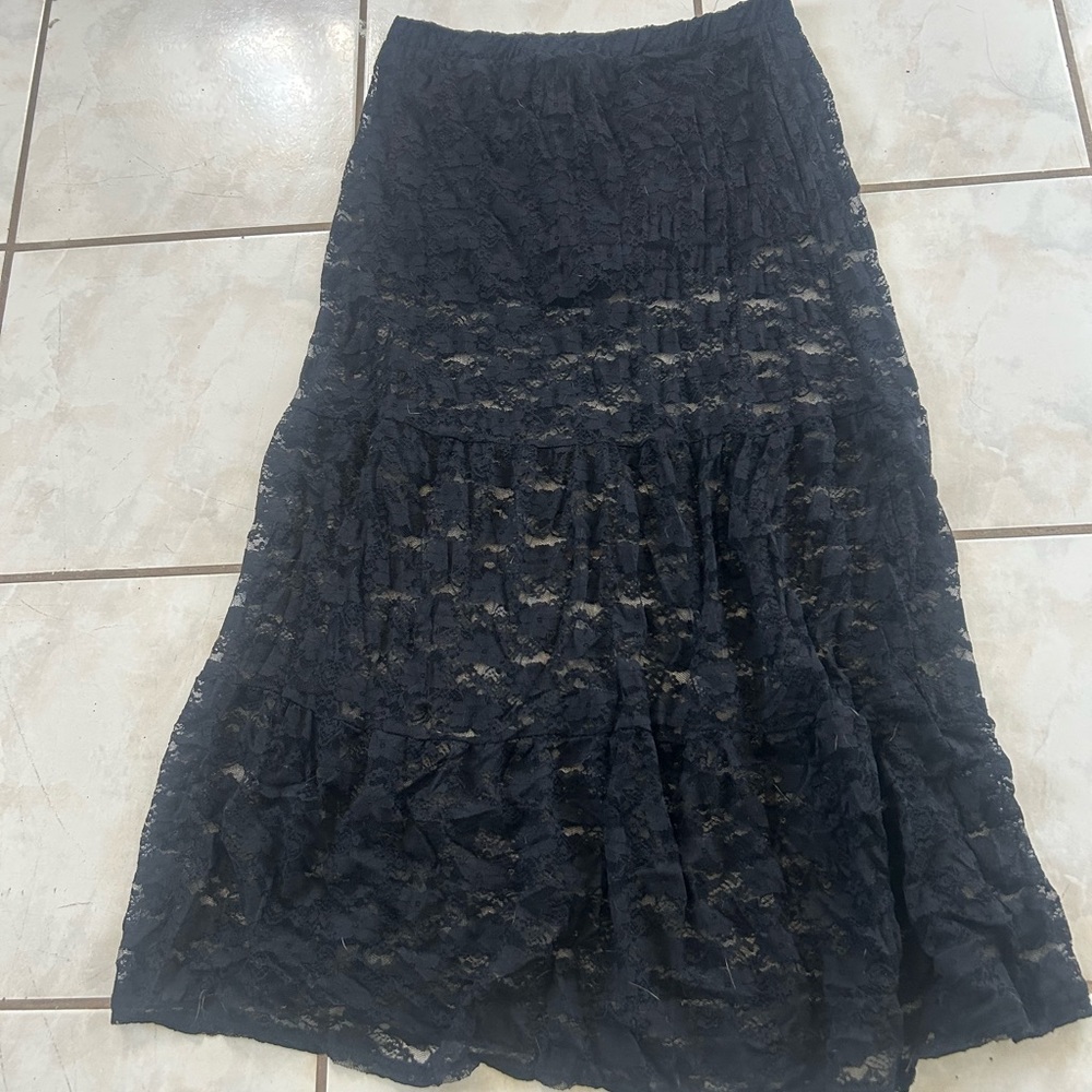 Rainbow Black Lace Tiered Maxi Skirt with Lined Underskirt